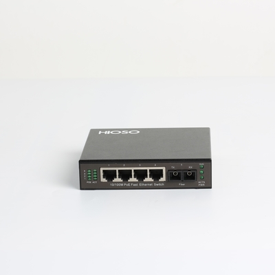 O ponto de entrada dos portos de Hioso 5 comuta 4 10/100M RJ45 + 1 1000M FX Fiber Uplink Mini Poe Switch